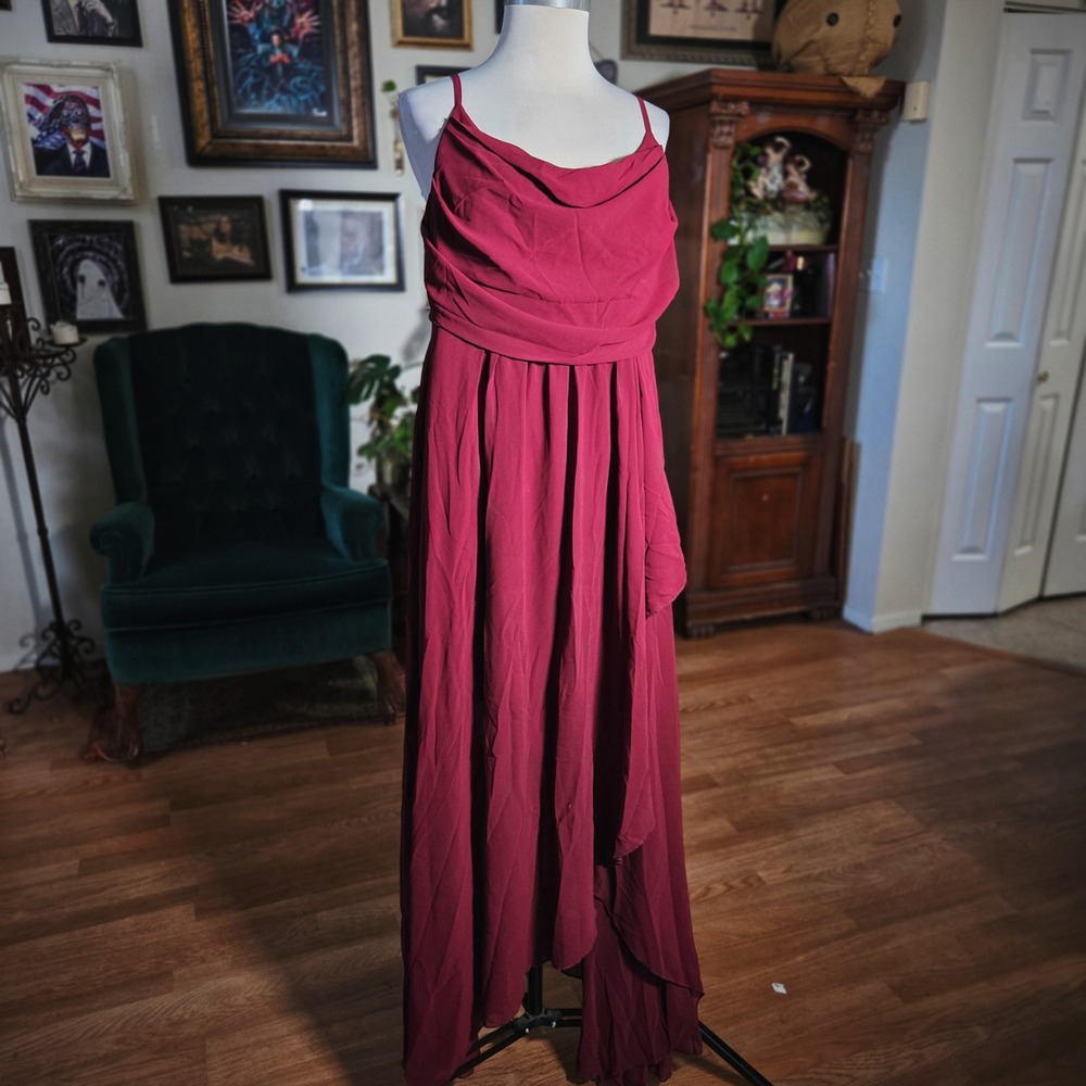 Luvistrue‎ Burgundy Chiffon Cowl Neck High Low Maxi Dress Formal Evening